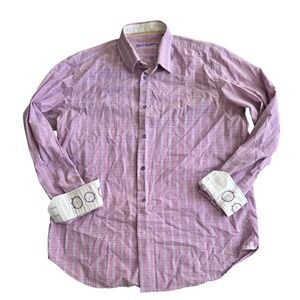 Robert Graham Mens Purple Plaid Button Down Shirt Clock Cuff Detail Large 16.5